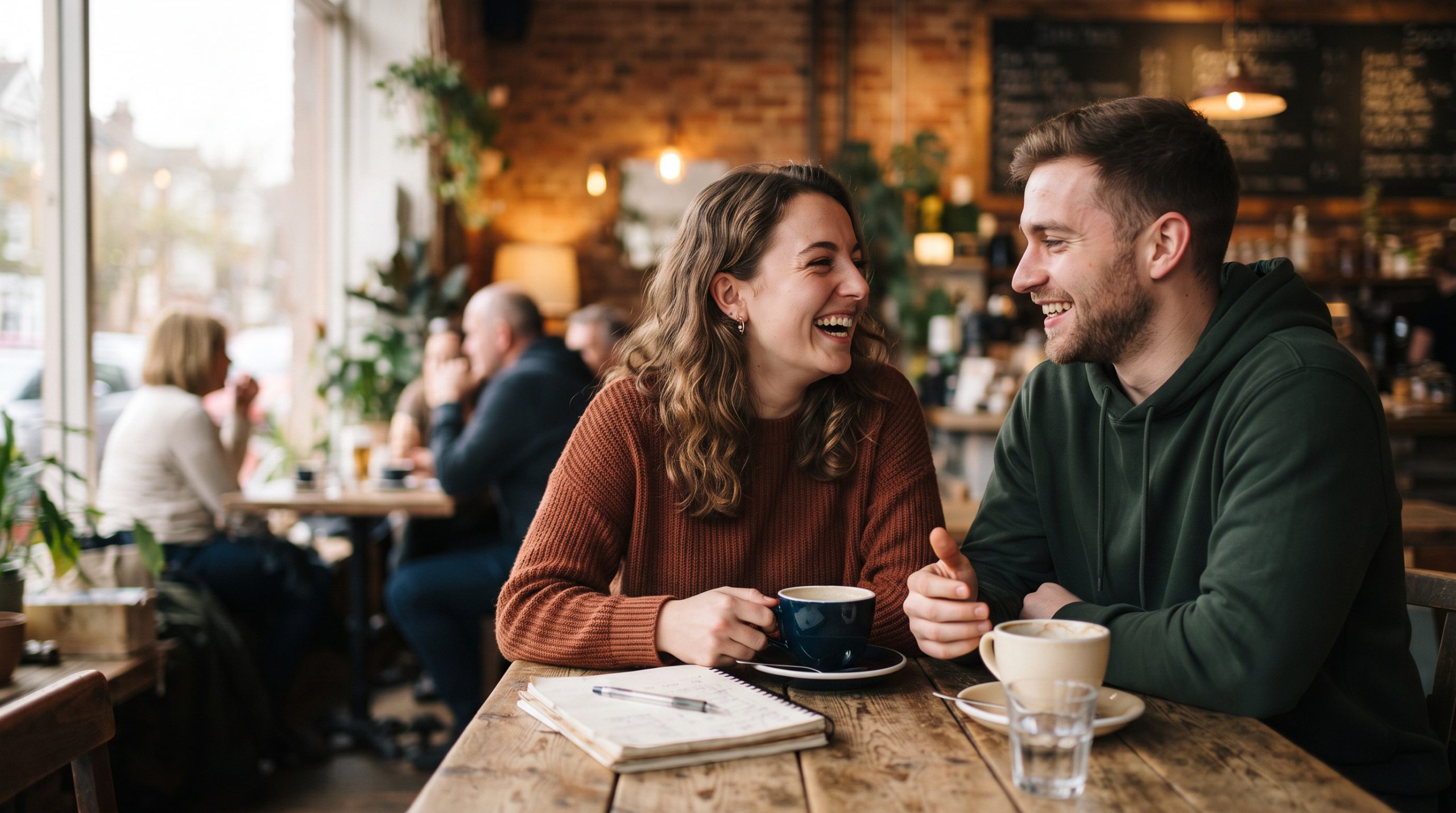 man and woman talking café