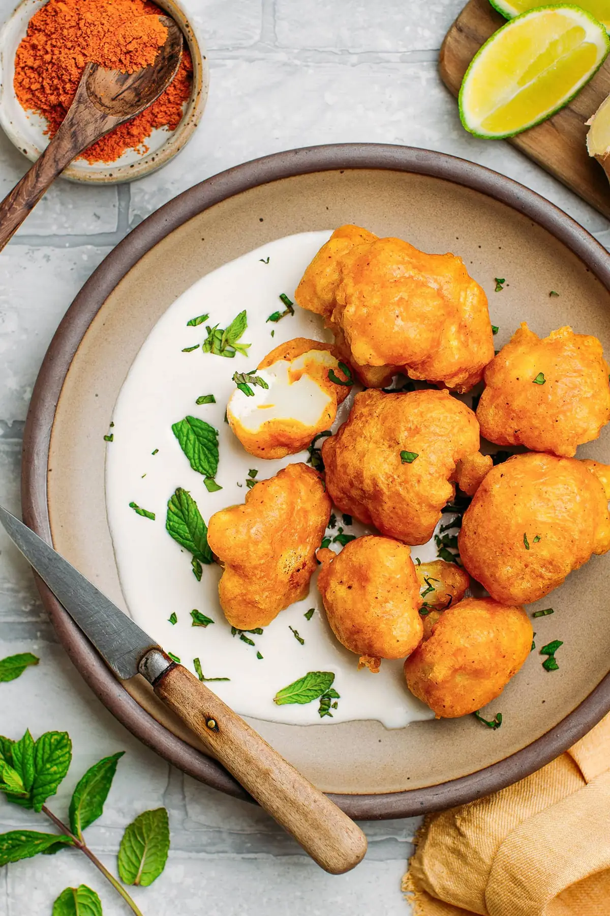 crispy cauliflower tempura with ginger cashew cream