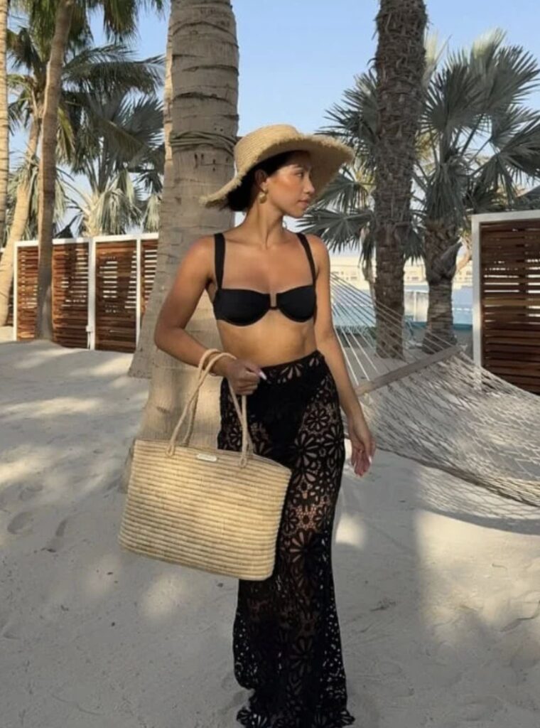 How to Dress for a Tropical Vacation Simple Outfit Ideas Black bikini top with black lace skirt